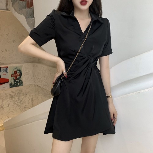 Elegant Comfort Mid Length Polo Collar A Line Skirt Midi Dress - Black image