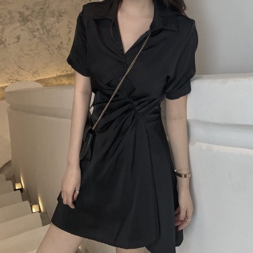 Elegant Comfort Mid Length Polo Collar A Line Skirt Midi Dress - Black image