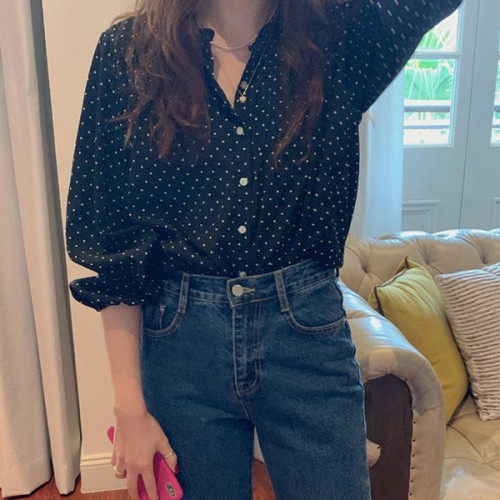 Polka Dots Printed Button Down Long Sleeve Loose Type Women Tops - Black image