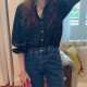 Polka Dots Printed Button Down Long Sleeve Loose Type Women Tops - Black image