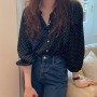 Polka Dots Printed Button Down Long Sleeve Loose Type Women Tops - Black