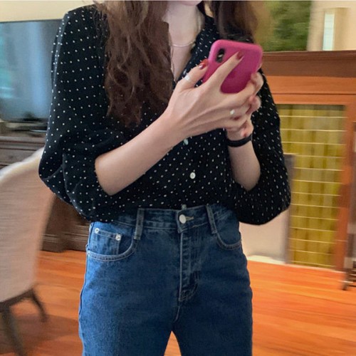 Polka Dots Printed Button Down Long Sleeve Loose Type Women Tops - Black image