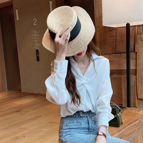 Elegant Solid V Neck Long Sleeve Loose Type Blouses Plain Shirts - White image