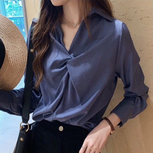 Elegant Solid V Neck Long Sleeve Loose Type Blouses Plain Shirts - Blue image
