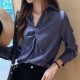 Elegant Solid V Neck Long Sleeve Loose Type Blouses Plain Shirts - Blue image