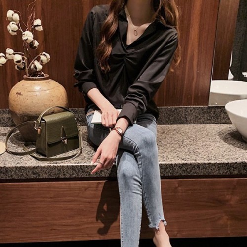 Elegant Solid V Neck Long Sleeve Loose Type Blouses Plain Shirts - Black image