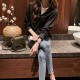 Elegant Solid V Neck Long Sleeve Loose Type Blouses Plain Shirts - Black image