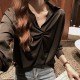 Elegant Solid V Neck Long Sleeve Loose Type Blouses Plain Shirts - Black image
