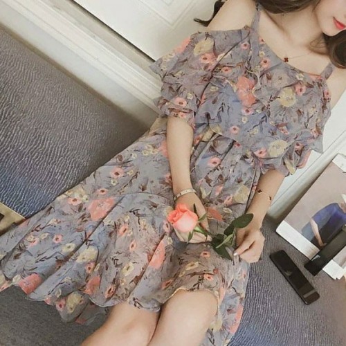 Floral Printed Waist Stripe Off Shoulder Ruffle Women Midi Dress - Grey image