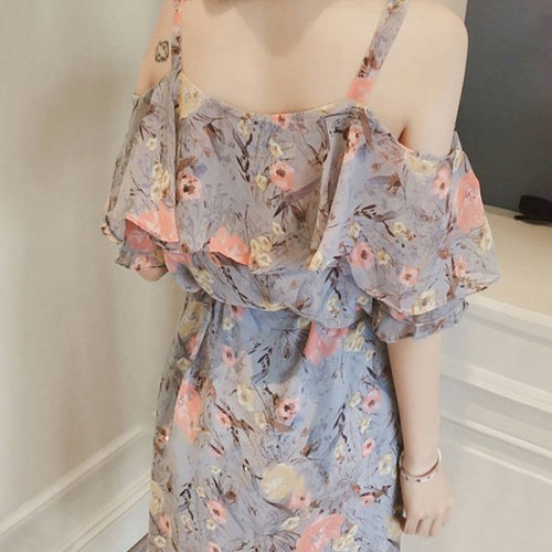 Floral Printed Waist Stripe Off Shoulder Ruffle Women Midi Dress - Grey image