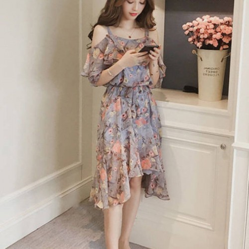 Floral Printed Waist Stripe Off Shoulder Ruffle Women Midi Dress - Grey image