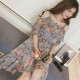 Floral Printed Waist Stripe Off Shoulder Ruffle Women Midi Dress - Grey image