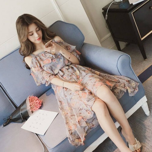 Floral Printed Waist Stripe Off Shoulder Ruffle Women Midi Dress - Grey image