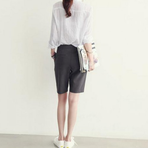 Explosive Style Loose Polo-neck Cardigan Pocket Solid Color Women Shirts - White image