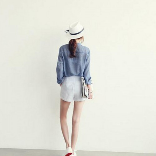 Explosive Style Loose Polo-neck Cardigan Pocket Solid Color Women Shirts - Blue image