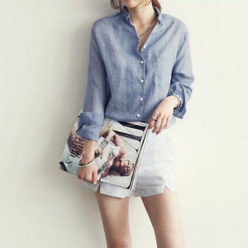 Explosive Style Loose Polo-neck Cardigan Pocket Solid Color Women Shirts - Blue image