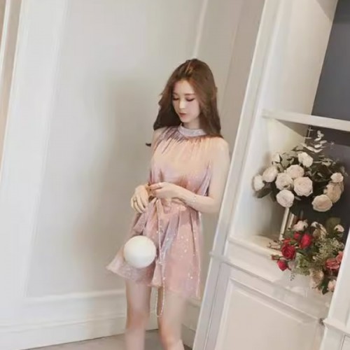 Glitter Star Printed Puff Sleeveless Halter Lace Up Chiffon Mini Dress - Pink image