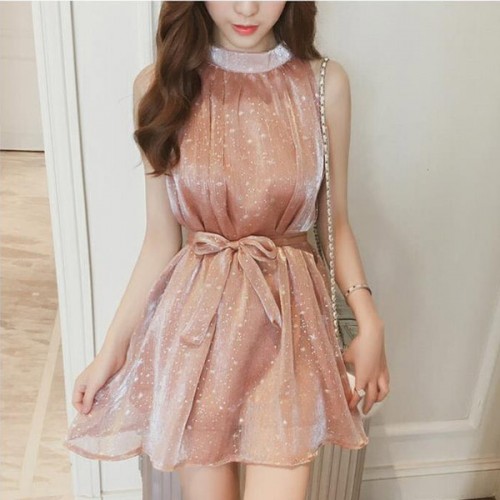 Glitter Star Printed Puff Sleeveless Halter Lace Up Chiffon Mini Dress - Pink image