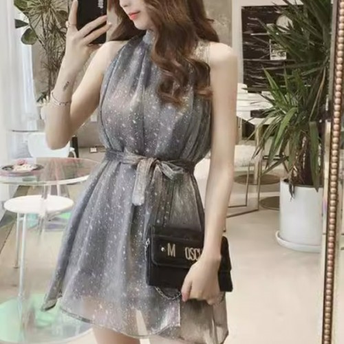 Glitter Star Printed Puff Sleeveless Halter Lace Up Chiffon Mini Dress - Grey image