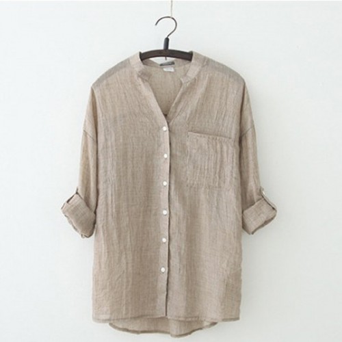 Cardigan Loose Stand-up Collar Cotton Button Closure Long Sleeve Tops - Brown image