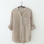 Cardigan Loose Stand-up Collar Cotton Button Closure Long Sleeve Tops - Brown