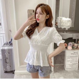 Ruffled Puff Short Sleeve Blouse Cross V Neck Elastic  Waist Slim Doll shirt - White