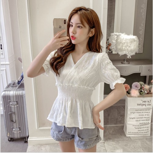 Ruffled Puff Short Sleeve Blouse Cross V Neck Elastic Waist Slim Doll shirt - White image