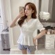 Ruffled Puff Short Sleeve Blouse Cross V Neck Elastic Waist Slim Doll shirt - White image