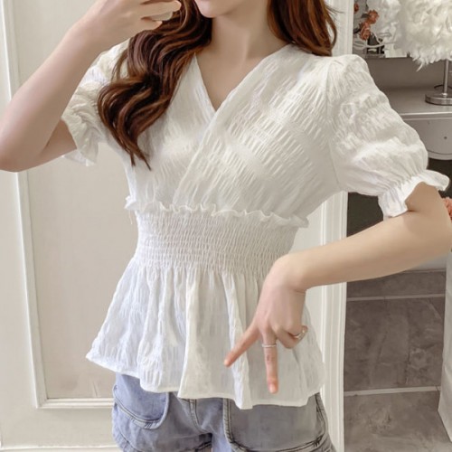 Ruffled Puff Short Sleeve Blouse Cross V Neck Elastic Waist Slim Doll shirt - White image