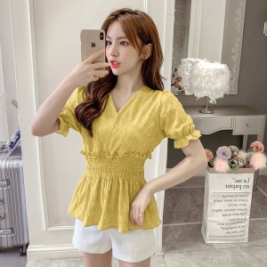 Ruffled Puff Short Sleeve Blouse Cross V Neck Elastic Waist Slim Doll Shirt - Yellow