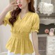 Ruffled Puff Short Sleeve Blouse Cross V Neck Elastic Waist Slim Doll Shirt - Yellow image