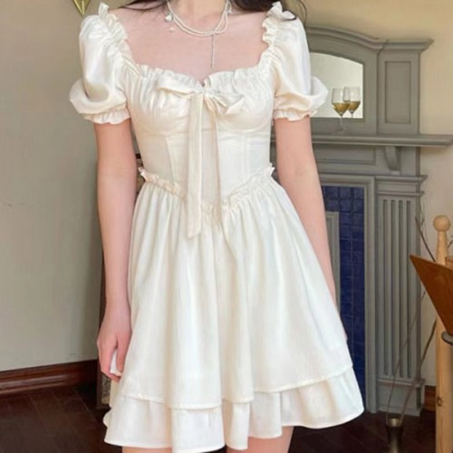 Bridesmaid Prom Bow A-line Lolita Puff Sleeves Women Midi Dress - White image