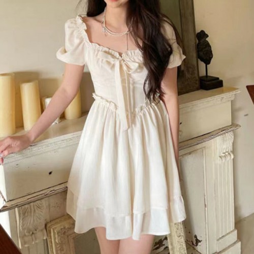 Bridesmaid Prom Bow A-line Lolita Puff Sleeves Women Midi Dress - White image