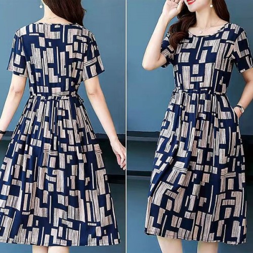 Dignified Stylish Knee-length Waist stripe Round Neck Midi Dress - Blue image