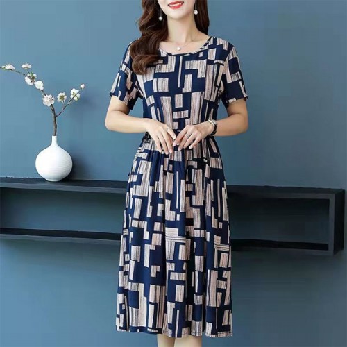 Dignified Stylish Knee-length Waist stripe Round Neck Midi Dress - Blue image