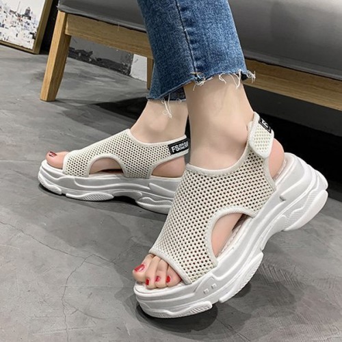 Platform Hollows Out Detail Velcro Open Toe Sports Sandals - Cream image