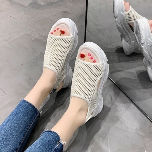 Platform Hollows Out Detail Velcro Open Toe Sports Sandals - Cream image