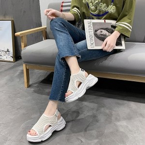 Platform Hollows Out Detail Velcro Open Toe Sports Sandals - Cream