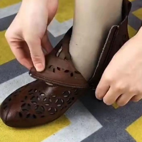 High Top Back Zipper Non-slip Hollow Out Soft Sole Casual Shoes - Brown image