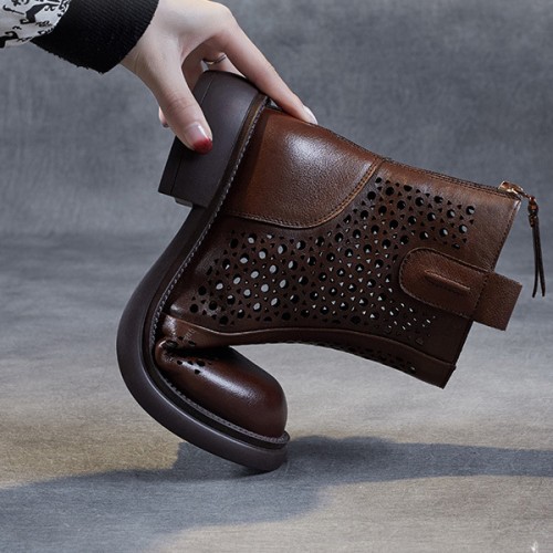 Comfortable Hollow Out Non Slip Round Head Ankle Boots - Brown image