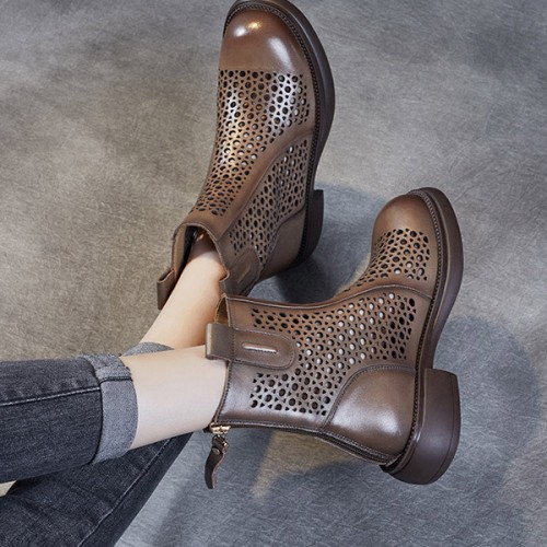 Comfortable Hollow Out Non Slip Round Head Ankle Boots - Brown image