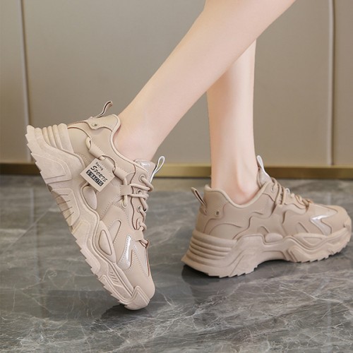 Breathable Flat Heel Lace Up Shallow Mouth Sports Sneakers - Beige image