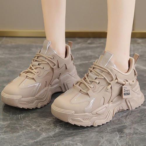 Breathable Flat Heel Lace Up Shallow Mouth Sports Sneakers - Beige image