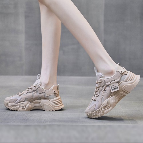 Breathable Flat Heel Lace Up Shallow Mouth Sports Sneakers - Beige image