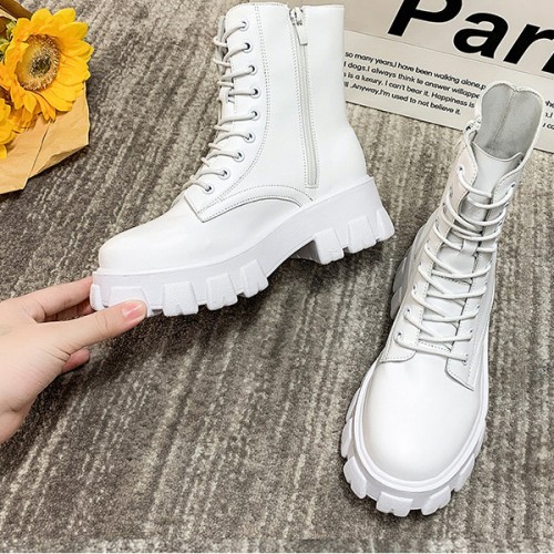 Solid Sewing Thread Lace-up Side Zipper Mid Tube Chunky Boots - White image