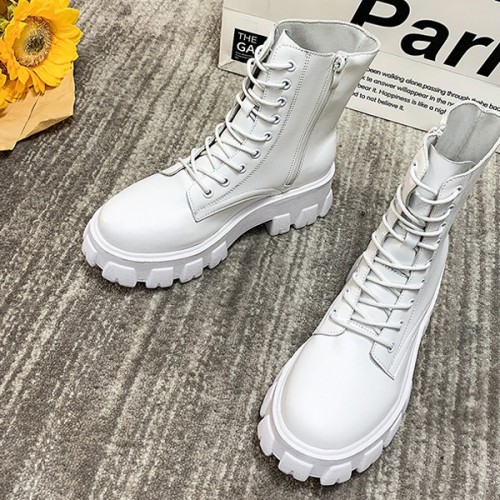 Solid Sewing Thread Lace-up Side Zipper Mid Tube Chunky Boots - White image