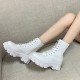 Solid Sewing Thread Lace-up Side Zipper Mid Tube Chunky Boots - White image