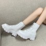 Solid Sewing Thread Lace-up Side Zipper Mid Tube Chunky Boots - White