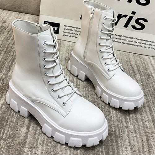 Solid Sewing Thread Lace-up Side Zipper Mid Tube Chunky Boots - White image