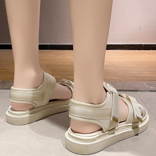 Comfortable Strappy Velcro Soft Sole Open Toe Flat Sports Sandals - Cream image